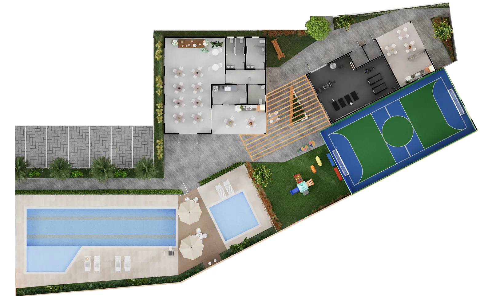 Planta humanizada da área de lazer do Vista Tropical, com piscina adulto, piscina infantil, prainha, solarium, quadra recreativa, Parque da Cora, fitness externo e as duas áreas de vivência cobertas