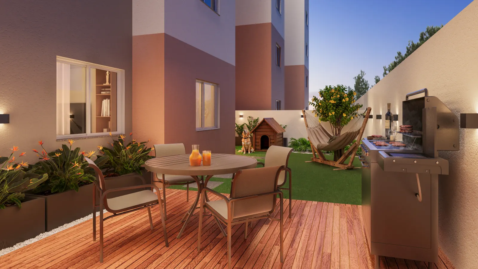 Quintal privativo de apartamento térreo do Vista Tropical, com deck, mesa e paisagismo