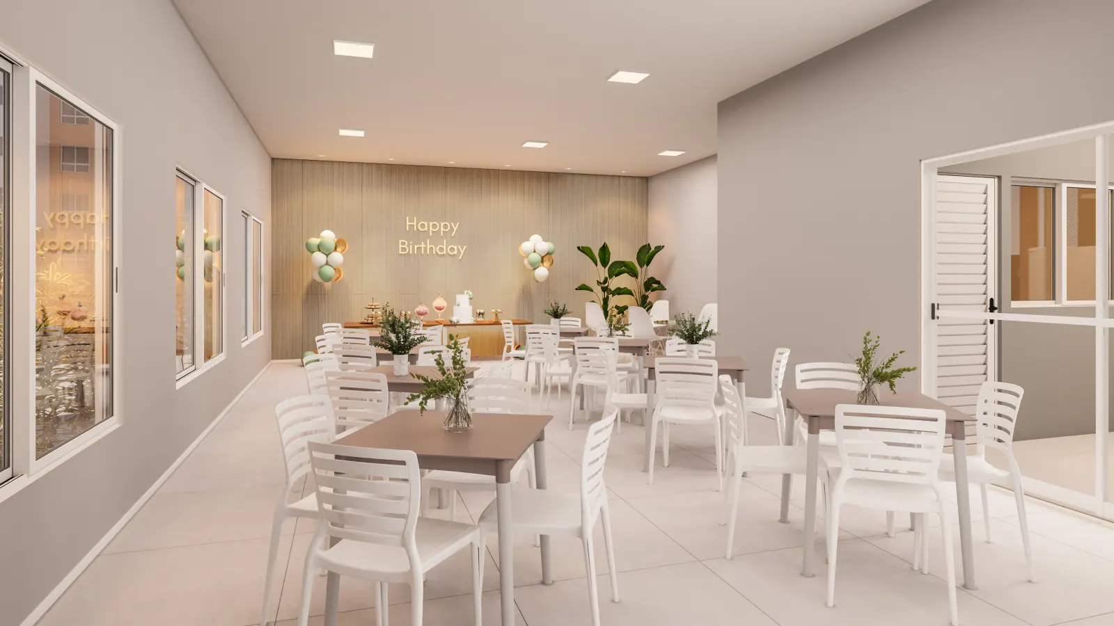 Salão de festas fechado do Vista Tropical, com cozinha e mesas postas